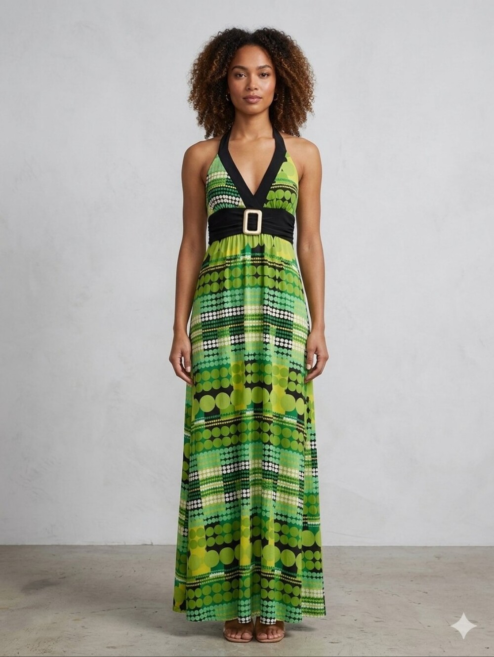 Body Central Green Black Geometric Halter Maxi Dress Gold Buckle Y2K Boho
